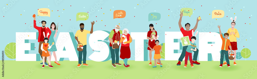 Fototapeta premium Happy Easter with Love, Joy, Hope, Peace greeting vector banner. Big family of grandparents, young couples, kids with traditional Easter eggs basket, cute bunny ears, big letters outdoor in the park