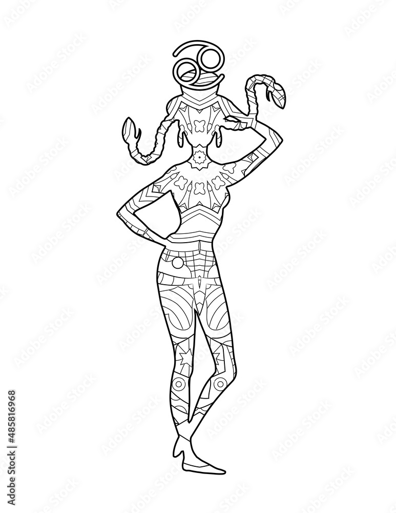Fototapeta premium Cancer zodiac sign artwork, adult coloring book page, beautiful horoscope symbol girl, vector illustration