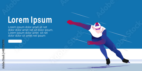 Cartoon illustration of an abstract man skating on ice on abstract blue background. speed skating