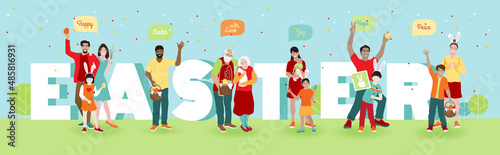Happy Easter with Love, Joy, Hope, Peace greeting vector banner. Big family of grandparents, young couples, kids with traditional Easter eggs basket, cute bunny ears, big letters outdoor in the park