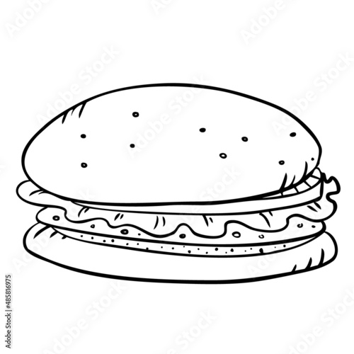 Fast food burger with cutlet, pmidor and salad. Vector in doodle style