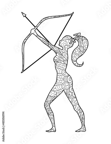 Sagittarius zodiac sign artwork, adult coloring book page, beautiful horoscope symbol girl, vector illustration
