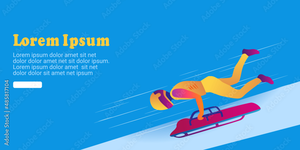 Cartoon illustration of an abstract man riding a two-strip sled on an ice chute on blue background. skeleton