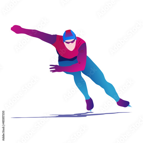 Cartoon illustration of an abstract man skating on ice on abstract blue background. speed skating