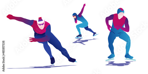 Cartoon illustration of an abstract man skating on ice on abstract blue background. speed skating