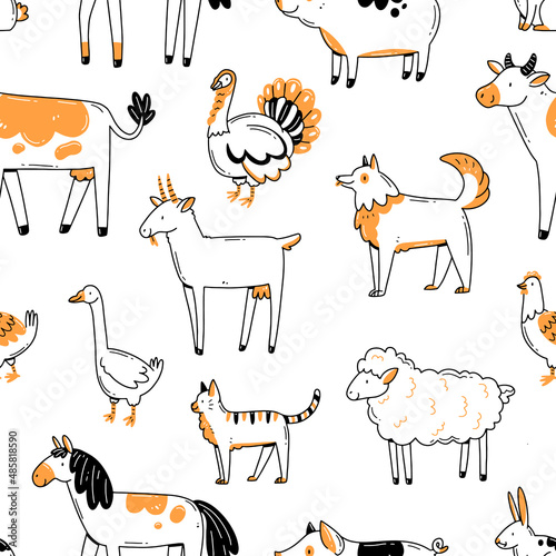 Seamless pattern print with farm animals on a white background. Vector illustration wallpaper. photo