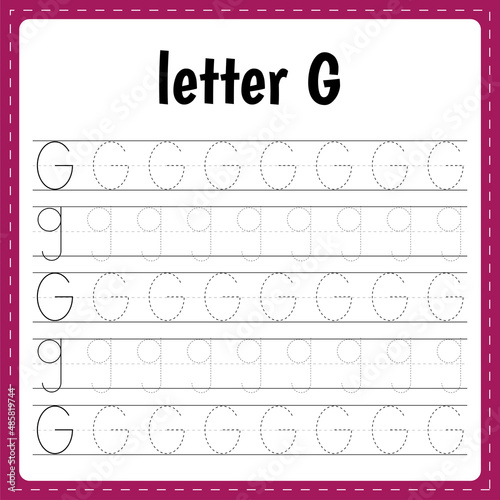 Writing letters. Tracing page. Practice sheet. Worksheet for kids. Learn alphabet. Letter G