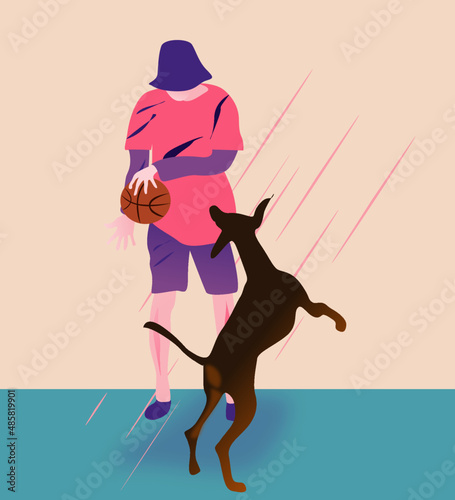Vector illustration of a man playing basketball with his dog 