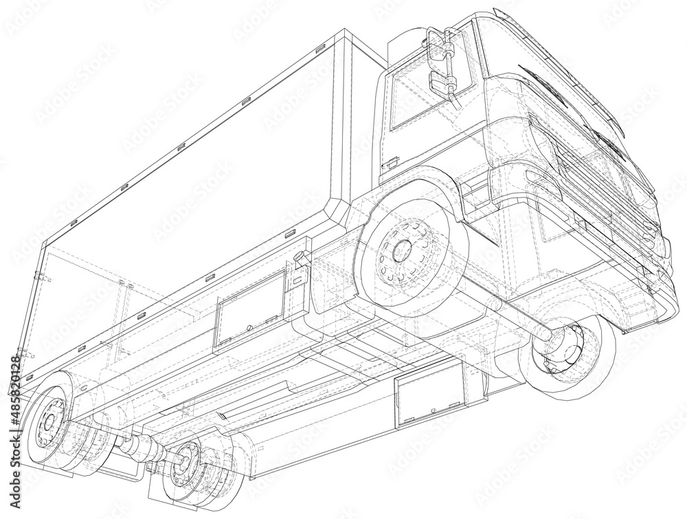 Commercial van truck. Vector outline of freight truck isolated on white background.