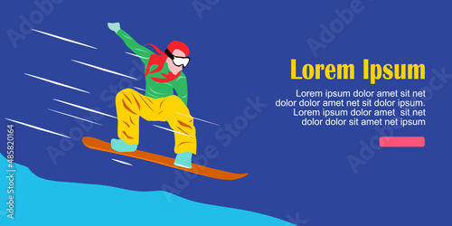 Vector illustration of a girl in the mountains, snowboarding. 