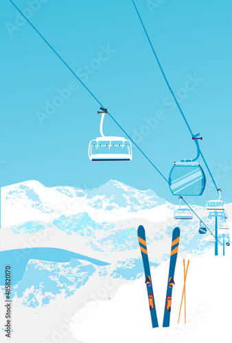 UI design of ski resort. The homepage design of a cable car, moving in the twilight sky in the mountains. vector
