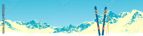 UI design of ski resort. The homepage design of a cable car, moving in the twilight sky in the mountains. vector