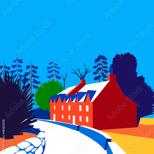 Pop art houses, drawn in the style of minimalism, bright op art style. Nature landscape creative colors. Vector illustration. 