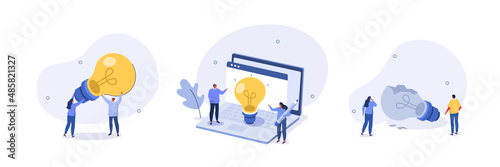 Idea finding illustration set. Characters standing near light bulbs and celebrating success. People generating creative business ideas. Business solution concept. Vector illustration.
