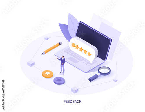 Feedback isometric. Character pointing on survey form with five star positive customer review. Online feedback, survey or review concept. Vector illustration.
