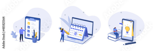 Planning schedule illustration set. Characters writing notes and putting stickers on calendar, filling to do list and creative diary. Daily planning concept. Vector illustration.
