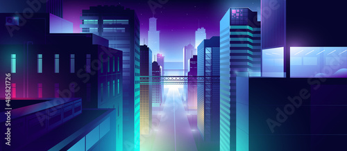 Futuristic night city. Cityscape on a colorful background with bright and glowing neon lights. Wide city front perspective view. Cyberpunk and retro wave style illustration.