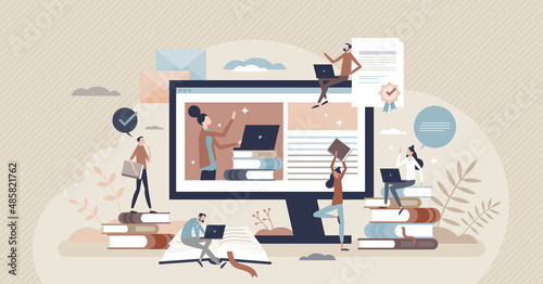 Study as knowledge learning for students in university tiny person concept. Online class with e-learning distant teaching and reading process vector illustration. Self development in virtual library. photo