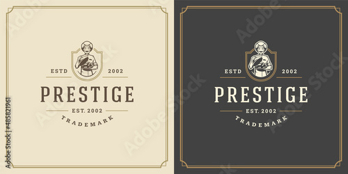 Restaurant logo design vector illustration chef man holding dish silhouette