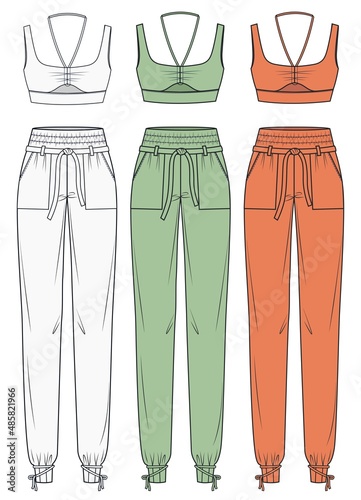 Lounge Wear fashion flat drawing template. Sports Wear fashion design set. Bra with Jogger Pants colorway set.