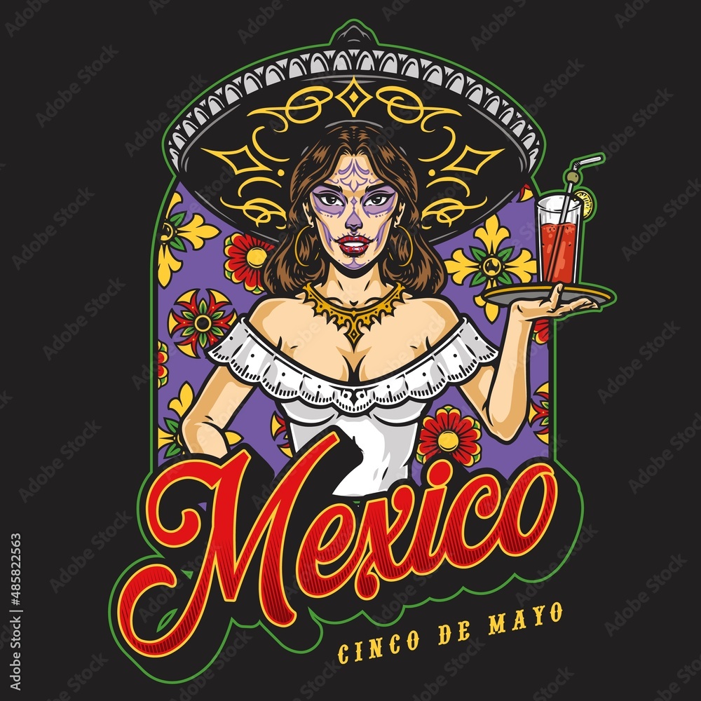 Mexican waitress in sombrero label