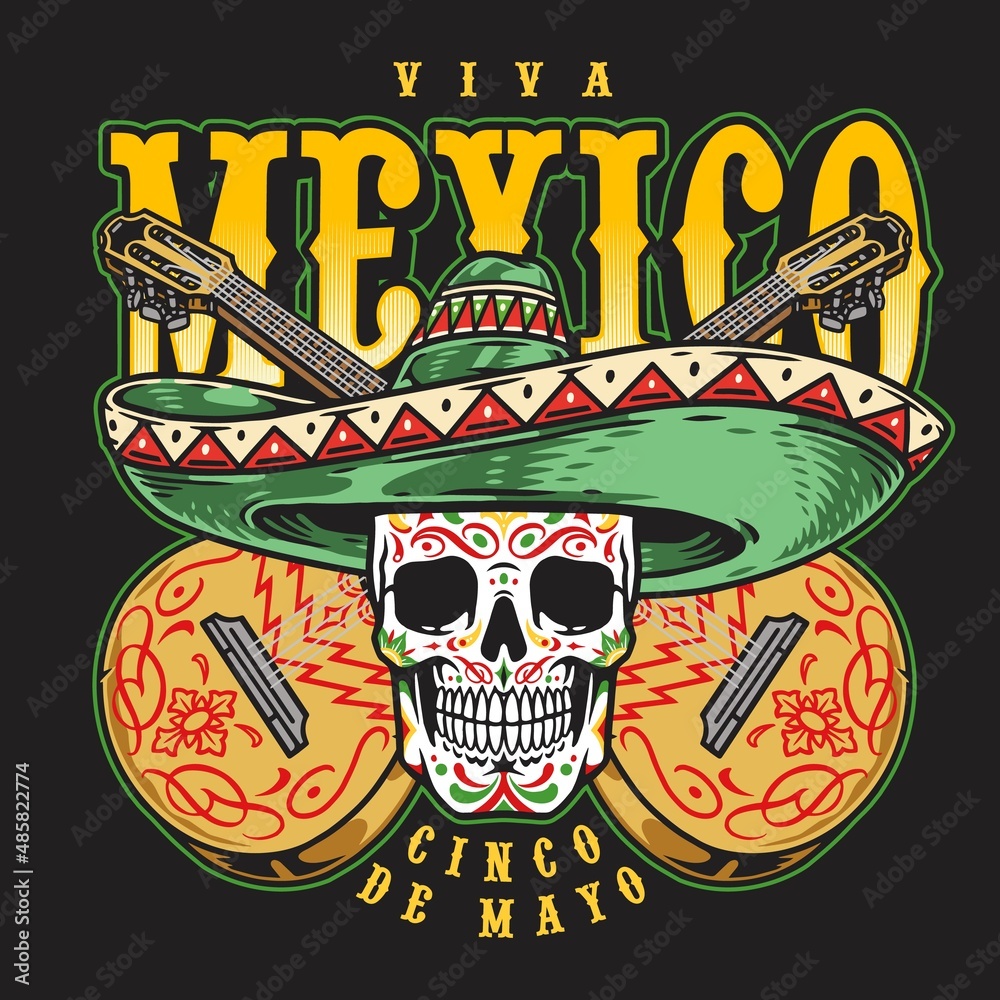 Obraz premium Calavera skull in sombrero label