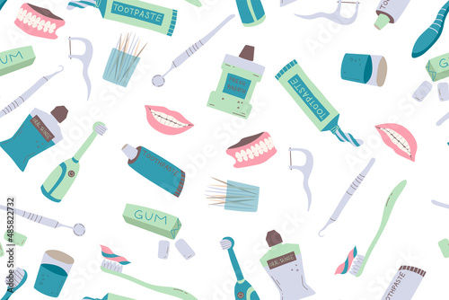 Seamless pattern of teeth care equipment and stuff, color flat vector illustration