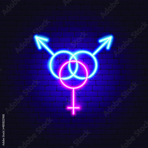 Bisexual Two Men Woman Neon Sign. Vector Illustration of Sex Promotion.