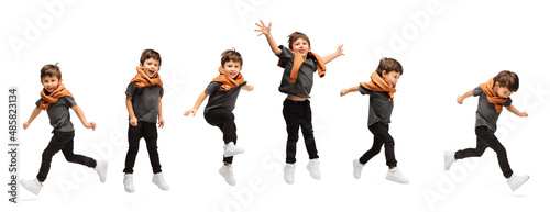 Collage with images of little cute kid, happy boy jumping, running isolated on white studio background. Education, emotions, childhood concept.