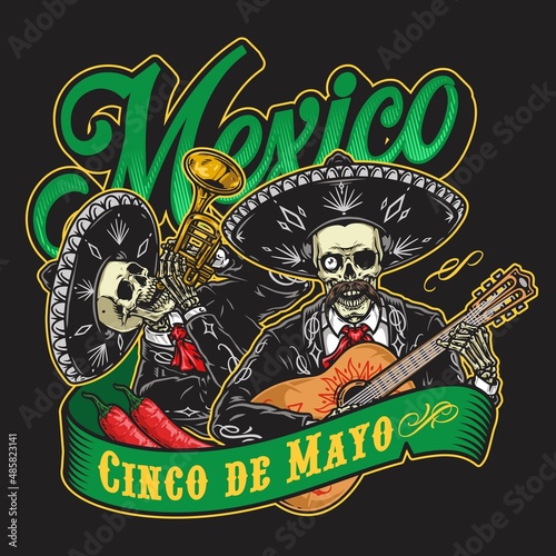 Skeleton mariachi musicians vintage emblem
