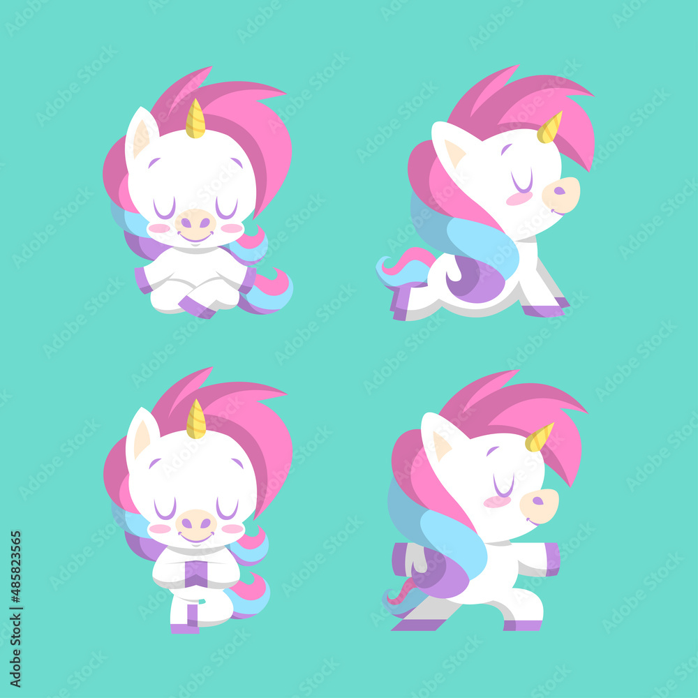 CUTE UNICORN IN SOME DIFFERENT YOGA POSSE. PREMIUM VECTOR.