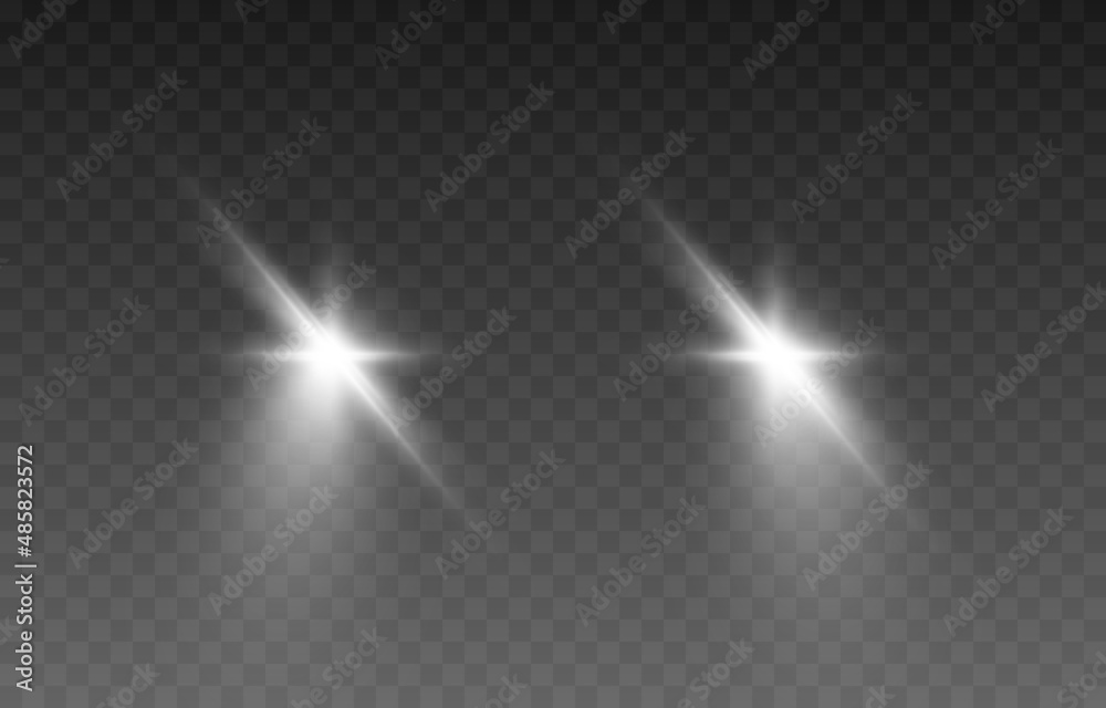 Vector light from the headlights PNG. Light from the headlights of a car on an isolated transparent background. Round headlights, white light PNG. Road lighting. PNG.