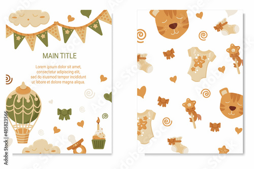 Save the date invitation for a birthday party or a baby shower, gender party. Cute tiger with nipples, magic wands and bows. Baby reveal concept. Ready to print as banner, invitation, greeting card