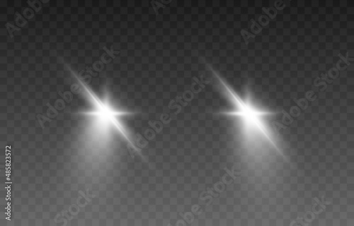 Vector light from the headlights PNG. Light from the headlights of a car on an isolated transparent background. Round headlights, white light PNG. Road lighting. PNG.