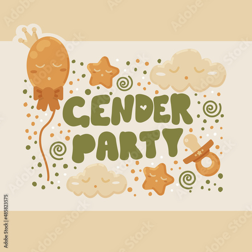 Banner with a lettering gender party in cute pastel colours. Baby shower and baby reveal concept. Printable for clothes, baby bodysuits, rompers, jackets, scrapbook paper and other decorations. Vector