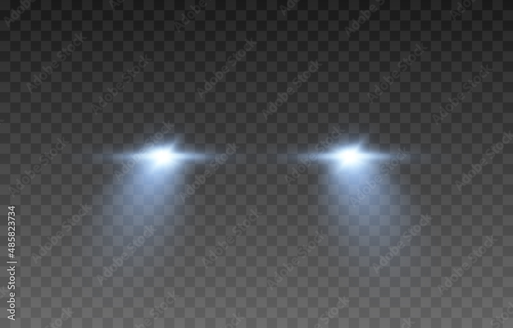 Vector light from the headlights PNG. Light from the headlights of a car on an isolated transparent background. Round headlights, blue light PNG. Road lighting. PNG.