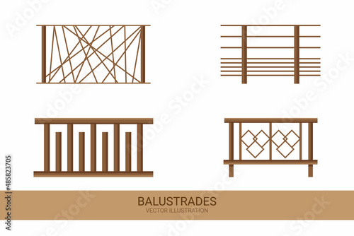 Set of stone balustrade. Concept of decorative and architecture element. Palace of castle fence. Balusters for fencing and protection from falling. Balcony handrail with stone pillars. 