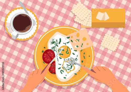 Hands hold a knife and fork over a plate of scrambled eggs. There is coffee and crackers on the table. Breakfast. Top view. Vector Illustration in flat style