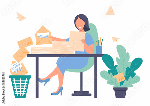 Woman is sitting at a table and sorting letters. Girl throws the letters into the trash. Paper planes are flying in the background. Vector illustration in flat style on a white background