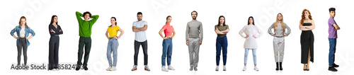 Collage of different people, young men and women, boys and girls of different age in casual cloth standing in a line isolated over white background