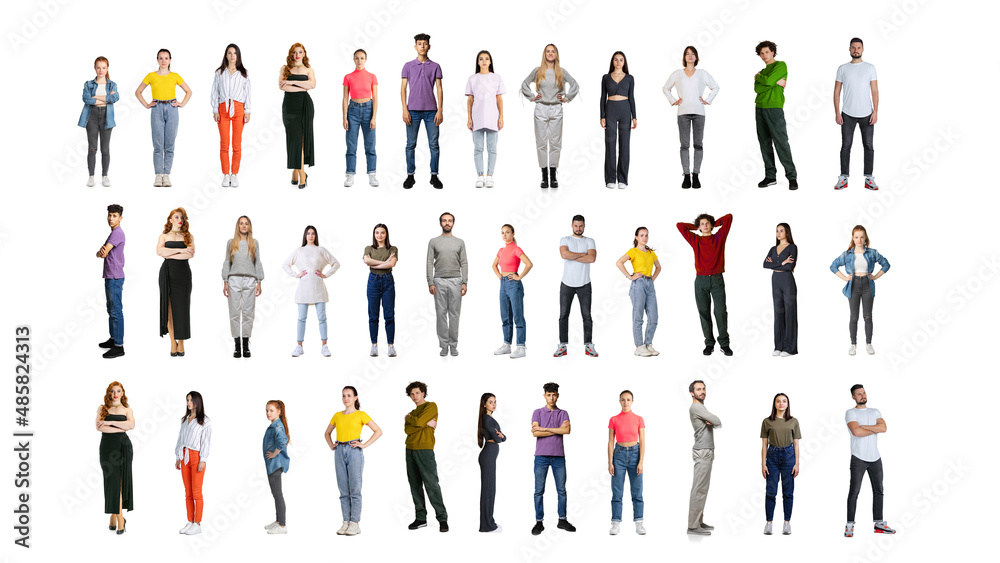 Collage of people, men and women of different age in casual cloth standing in three lines isolaed over white studio background