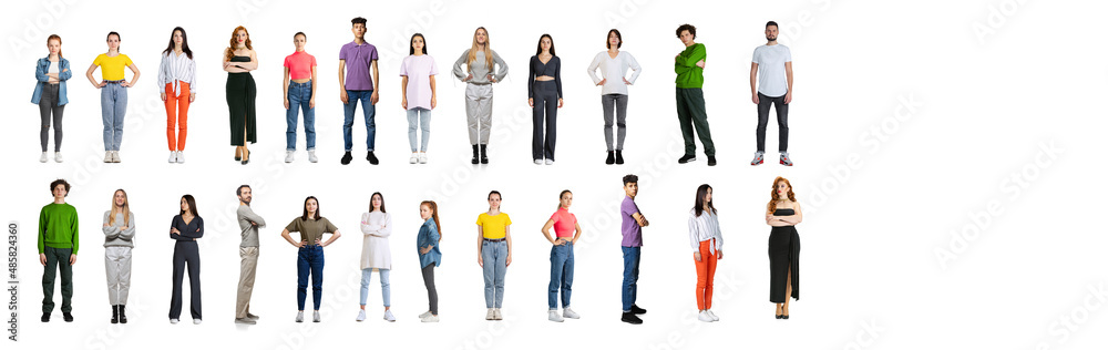 Collage of different people, men and women, of different age in casual cloth standing in two lines isolated over white background Collage of different people, men and women, of different age in casual cloth standing in two lines isolated over white background