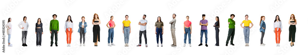 Collage. People, men and women of different age, profession, style standing in a line isolated over white background Collage. People, men and women of different age, profession, style standing in a line isolated over white background