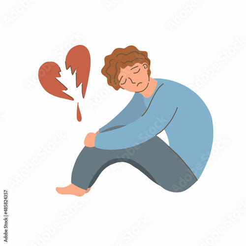 Sad lonely person. Broken heart. Frustrated, confused cartoon man is sitting on the floor. Mental depressive disorder and depression man. Vector illustration on a white background.