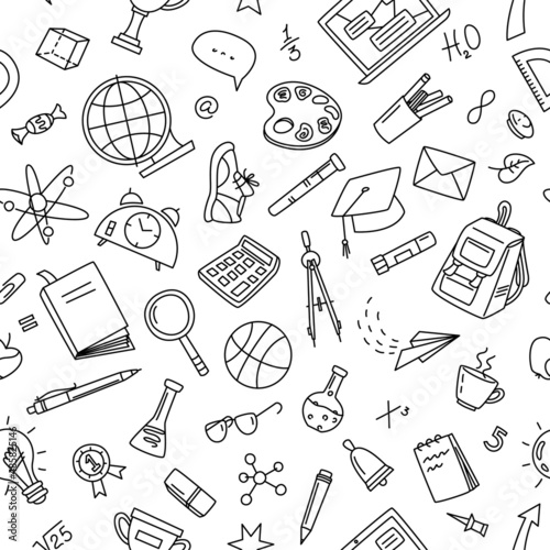 Education doodle objects, seamless pattern. Hand drawn background with school supplies and creative elements. Back to school. Vector illustration.