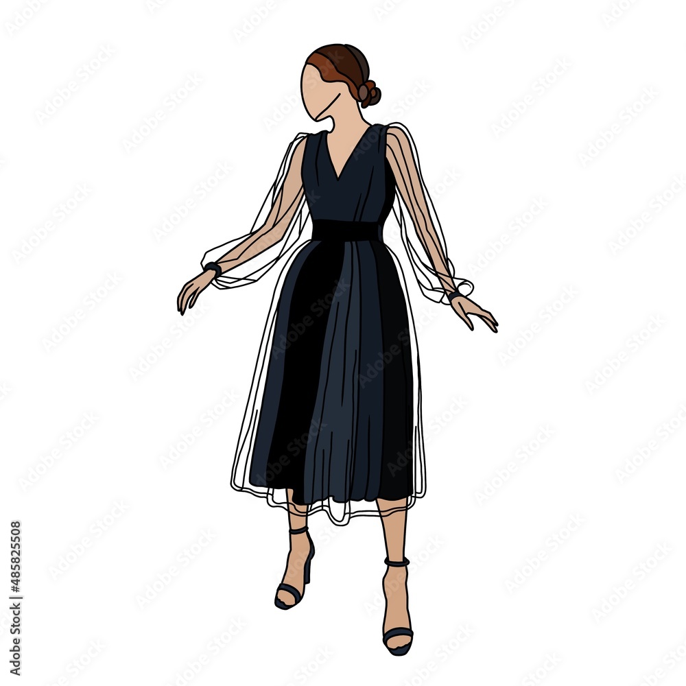 Model in dress posing. Fashionable illustration of a woman in a black dress made of light fabric. Stylized image in graphic style. Model in dress posing. Fashionable illustration of a woman in a black dress made of light fabric. Stylized image in graphic style.