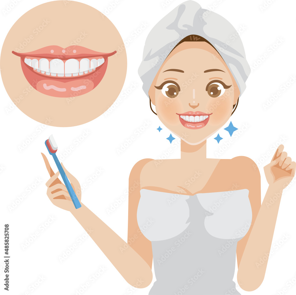 Perfect healthy teeth smile of a young woman. girl wrapped in towel holding a toothbrush.
Perfect healthy teeth smile of a young woman. girl wrapped in towel holding a toothbrush.