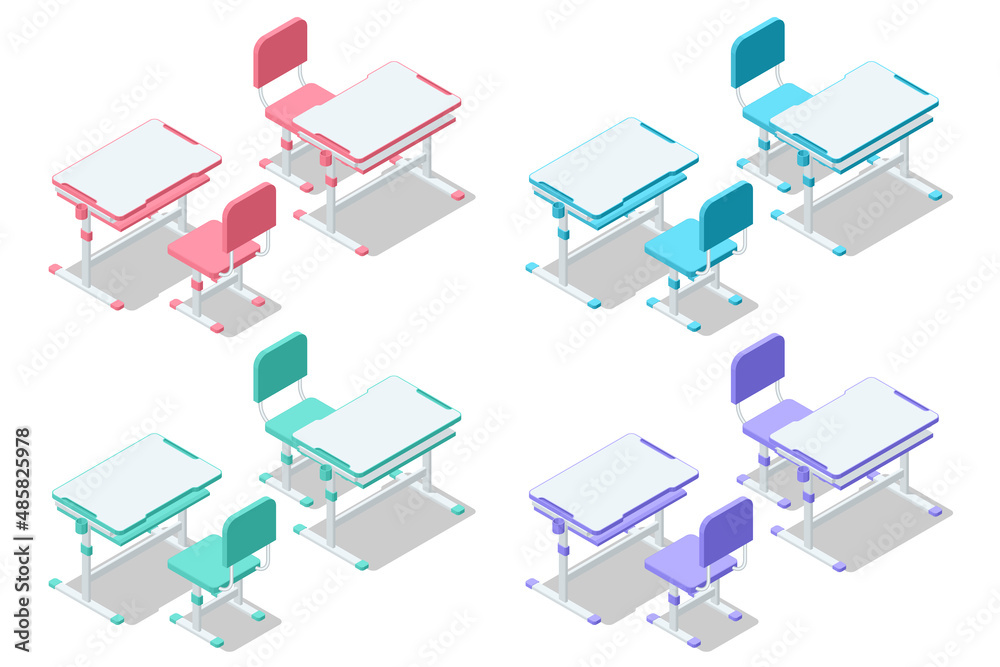 Isometric school desk and a chair isolated on white background. Wooden piece of furniture. Prepareing for test exam or studying lessons of secondary education. Back to school concept Isometric school desk and a chair isolated on white background. Wooden piece of furniture. Prepareing for test exam or studying lessons of secondary education. Back to school concept