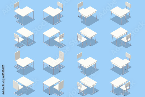 Isometric school desk and a chair isolated on white background. Wooden piece of furniture. Prepareing for test exam or studying lessons of secondary education. Back to school concept