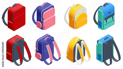 Isometric Colored school backpack isolated on white. Backpacks for schoolchildren, students. Education and study back to school, schoolbag luggage, rucksack